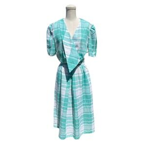 Vintage 80s Jackie Taub Aqua White Plaid Asymmetric Aline Day Dress Size 12